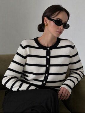 Happily Grey Black White Striped Knit Cardigan XL Button Front Preppy Sweater